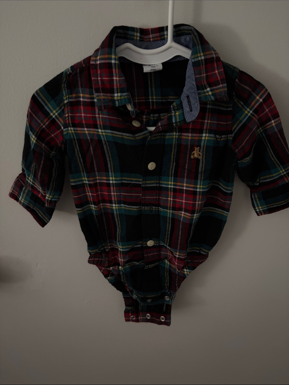 GAP Plaid Button-Up Onesie in Red, Green and Blue